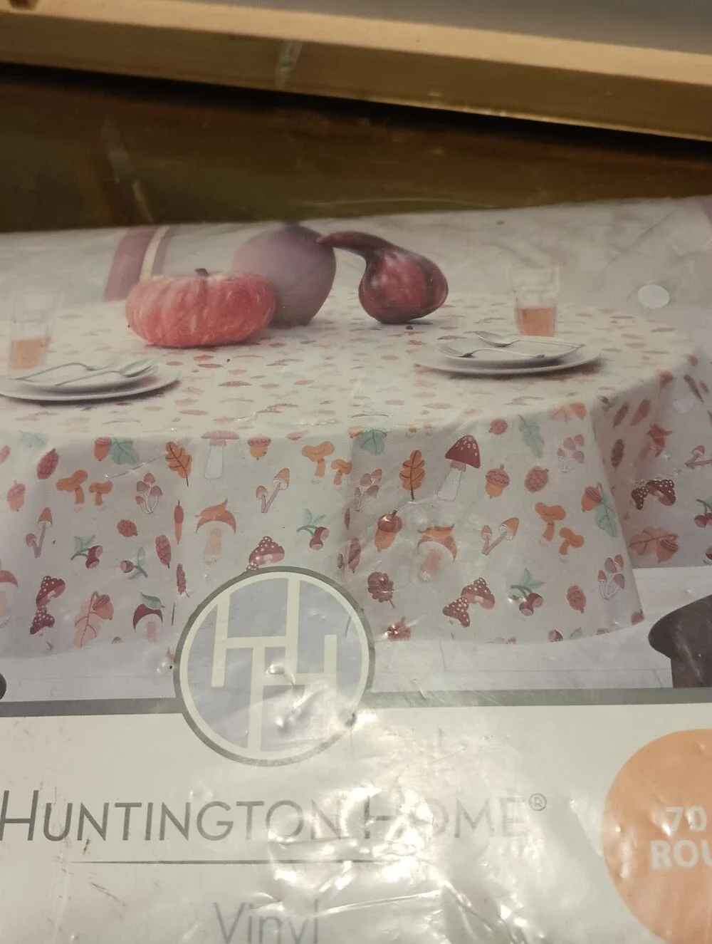 Huntington Home MCM  Pumpkin Acorn Vinyl Tablecloth - White with Orange Accents